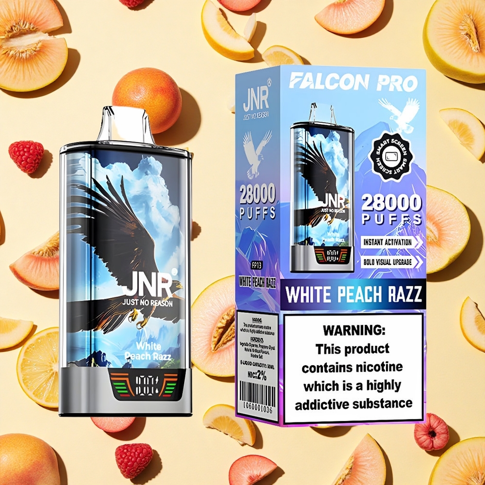 JNR Falcon Pro 28000 Puffs White Peach Razz 30ml E-liquid 5 Nicotine Dual Mesh Coil