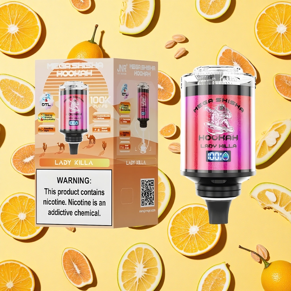 JNR Mega Shisha Hookah 100K 60ml E-liquid 2200mAh Battery Capacity Type-C Charging Lady Killa
