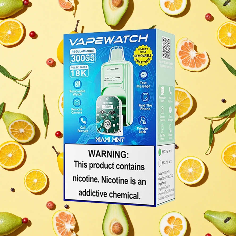JNR VapeWatch 30000 Puffs 19ml E-liquid 5 Nicotine Miami Mint Dual Mesh Coil Type-C Charging