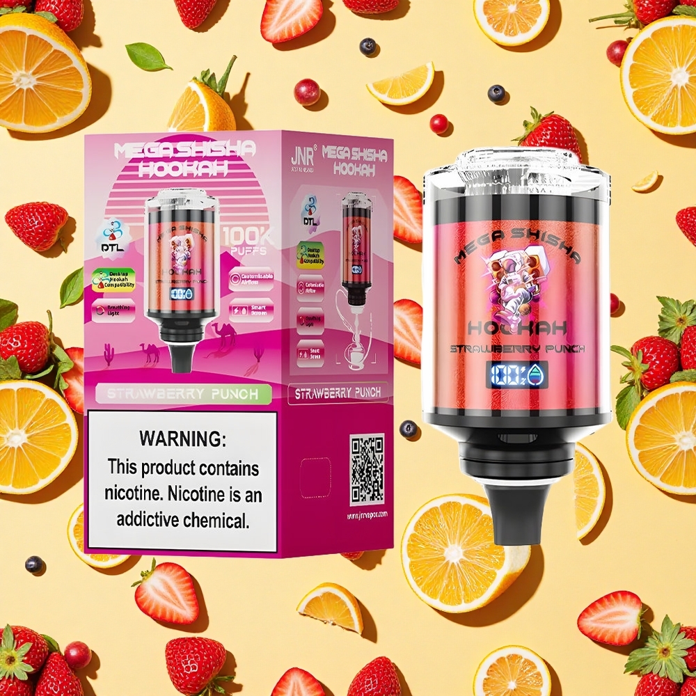 JNR Mega Shisha Hookah 100K Strawberry Punch 60ml E-liquid 2200mAh Battery Capacity Type-C Charging