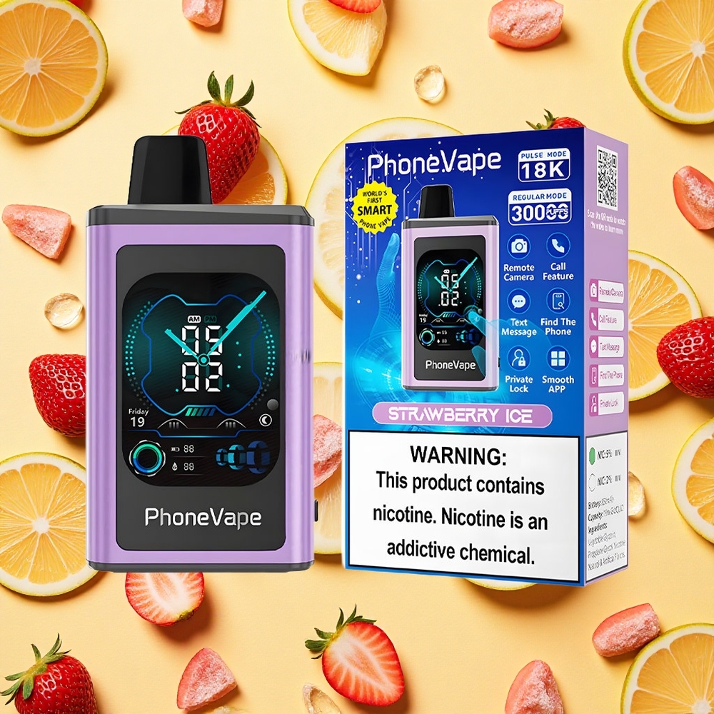 JNR PhoneVape 30000 Strawberry Ice Adjustable Airflow App Display
